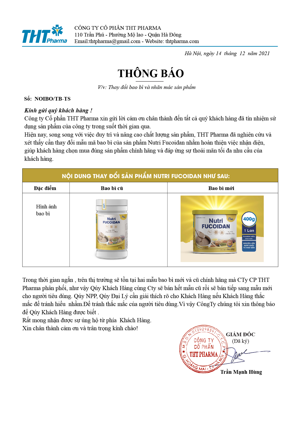 Công ty THT Pharma thông báo thay đổi mẫu mã, bao bì sản phẩm Nutri Fucoidan
