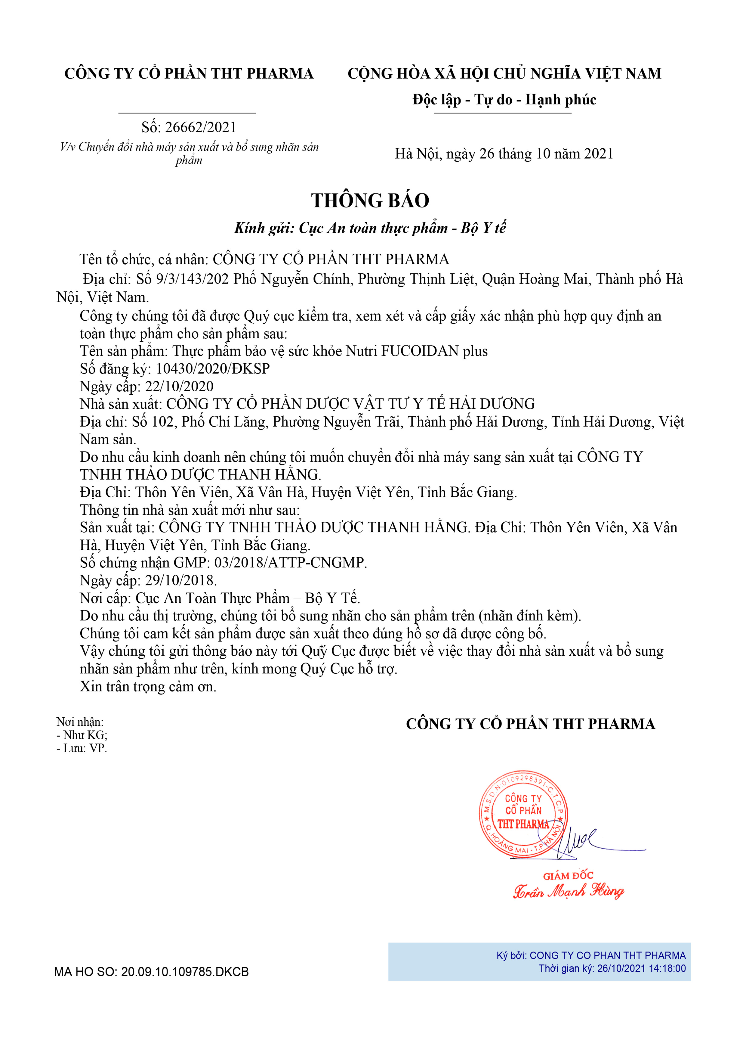 Công ty Cổ phần THT Pharma thông báo thay đổi đơn vị sản xuất