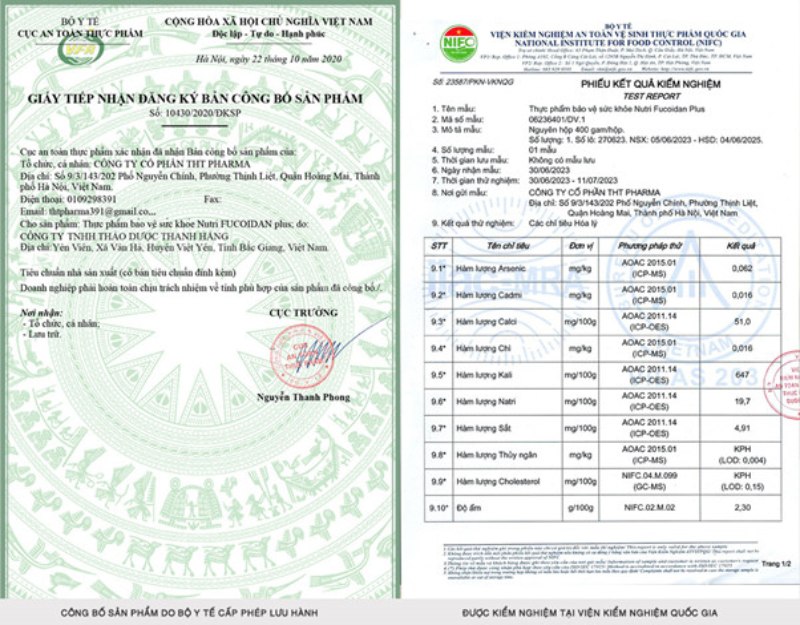 Bảng thành phần phần của Nutri Fucoidan